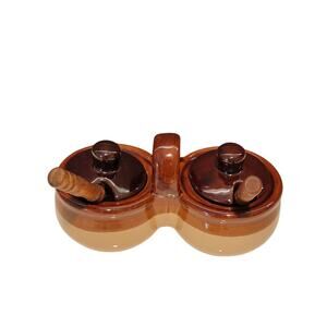 VTG Double Bowl Glazed Stoneware Condiment‎ Server Lids Spoons Serveware Brown